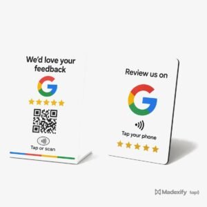 Counter Complete Kit, Google review NFC and QR stand with wallet card, illustrative product render