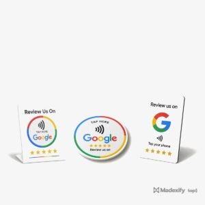 Front of House Set, Google review counter stand, disc and wallet card, illustrative product render