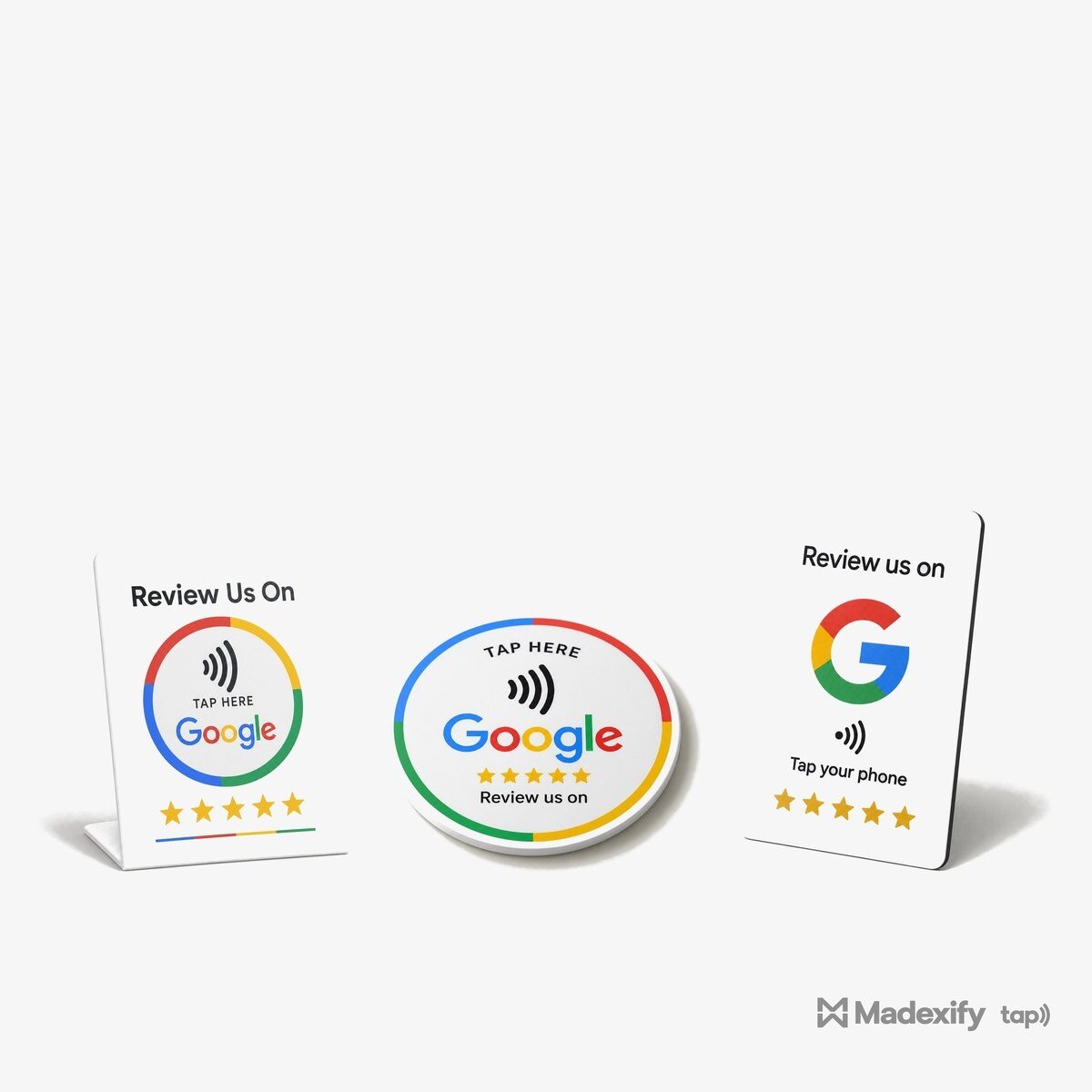 Front of House Set, Google review counter stand, disc and wallet card, illustrative product render